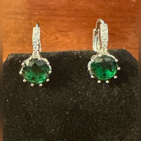 Emerald Green Color Round Zirconia Cz,  Luxury, Glam Earrings - Picture 4 of 6